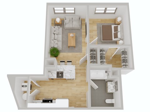 Floor plan for 1 bed, 1 bath, 634 sqft